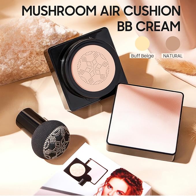 Air Cushion CC Cream Mushroom Head, Soothing Full Coverage Concealer CC Cream with Mushroom Makeup Sponge for Flawless Face Makeup (Buff Beige)