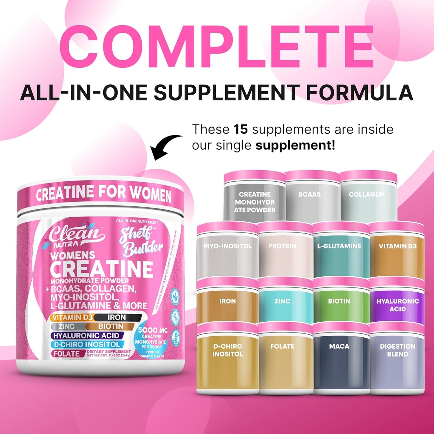 Creatine for Women | Creatine Monohydrate + BCAA Powder Myo-Inositol Collagen Biotin Hyaluronic Acid Folate L Glutamine Vitamin D3 Iron Zinc D-Chiro-Maca Digestion Shelf Builder by Clean Nutra