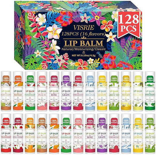 128 Pack Lip Balm, Natural Lip Balm Bulk with Vitamin E and Coconut Oil, Moisturizing Lip Balm for Dry Lips - 16 Flavors