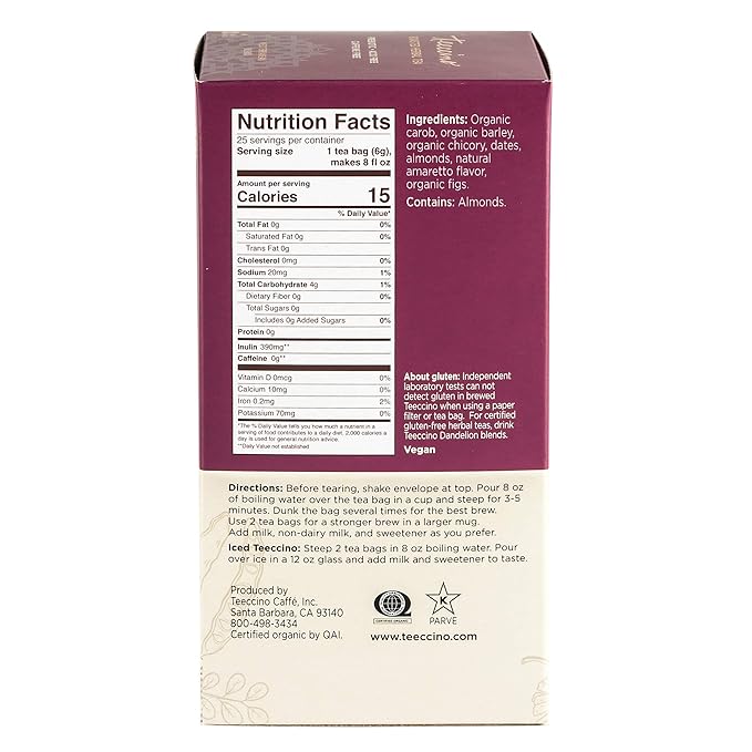 Teeccino Almond Amaretto Herbal Tea - Rich & Roasted Herbal Tea That's Caffeine Free & Prebiotic for Natural Energy, 25 Tea Bags (3 Pack)