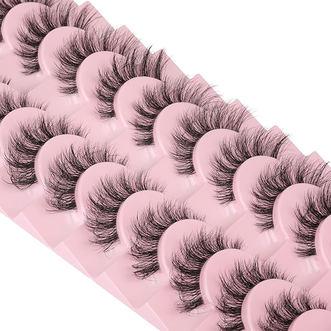 FANXITON Mink Lashes with Clear Band 15 MM 10 Pairs Cat-Eye Lashes Natural Look False Eyelashes Pack Wispy Eyelashes 3D Faux Mink Eyelashes