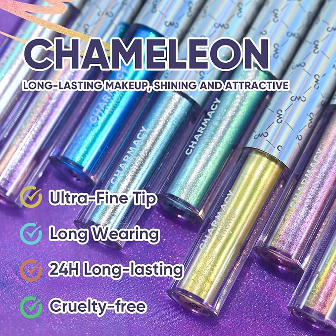 CHARMACY Chameleon Liquid Eyeliner, Liquid Glitter Eyeliner, Highly Pigmented, Metallic MultiColor Shifting waterproof Eyeliner, Ultra-Fine Tip, Longwearing, Smudge-proof (#307)