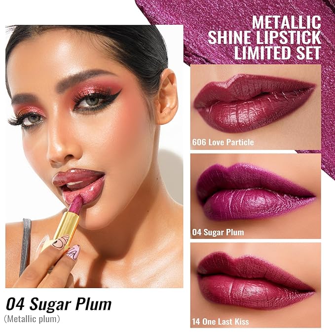 Oulac Metallic Puple Lipstick Set 3PCS, Comfortable Creamy Texture, Smooth No Grainy Feeling, Vegan & Gluten Free, Full-Coverage Lip Makeup, 3 X 4.3 g, 606+04+14
