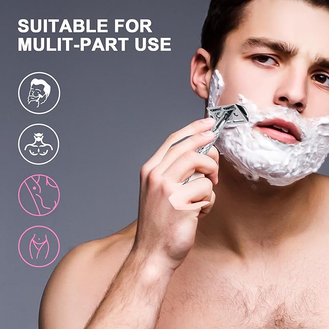Double Edge Safety Razor for Men with Stand and Silicone Cover - Durable Metal Eco-Friendly Single Blade Safety Razor with 10 Blades- Closed Smooth Shave (Silver)
