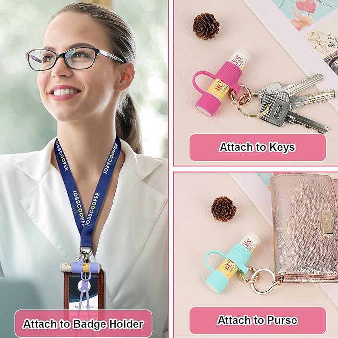 Desing Wish 2 PCS Silicone Lip Balm Holder with Cap Cover Portable Chapstick Holder Keychain Sleeve Lip Balm Key Chain with Key Ring and Wrist Strap Lanyard - Pink/Purple