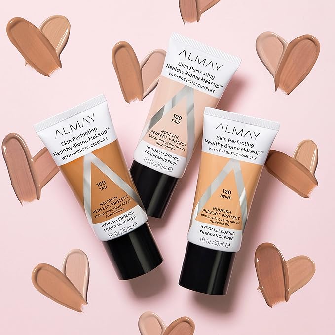 Almay Skin Perfecting Healthy Biome Foundation Makeup with Prebiotic Complex SPF 25, Hypoallergenic, -Fragrance Free, 130 Medium, 1 fl. oz.