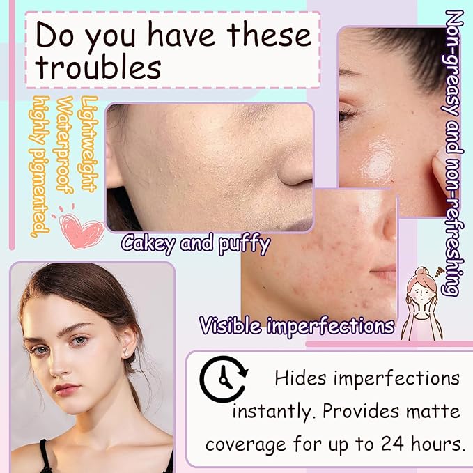 Air Cushion CC Cream Mushroom Head Foundation,Waterproof Long Lasting Loose Setting Powder,Moisturizing BB Cream Liquid Foundation Makeup Primer Concealer Base with Makeup Sponge（4PCS）