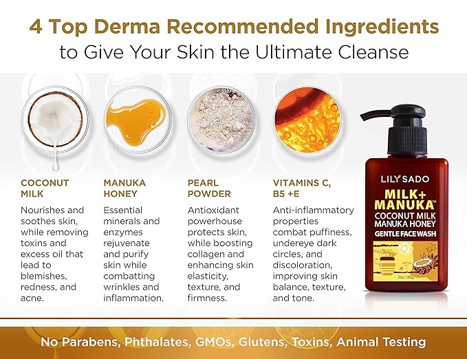 LILY SADO MILK+MANUKA™ Coconut Milk & Manuka Honey Gentle Gel Face Cleanser - Natural Cruelty-Free Facial Wash Cleanses, Balances, Soothes & Hydrates - Reduces Pores & Blackheads - 5oz