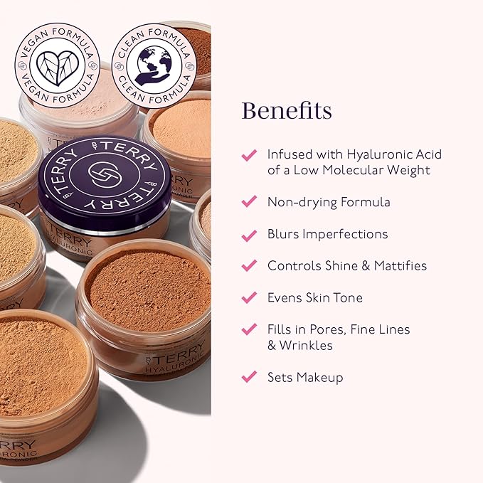 By Terry Hyaluronic Tinted Hydra-Powder, Non-Drying Loose Face Setting Powder, Blur Imperfections & Mattify, Dark, 0.35 oz