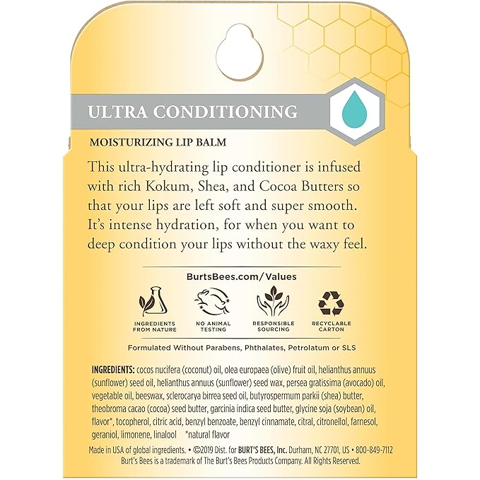 Burt's Bees Ultra Conditioning Moisturizing Lip Balm, Lip Moisturizer Rich in Oils and Butters, Natural Origin Lip Care, 4 Tubes, 0.15 oz.