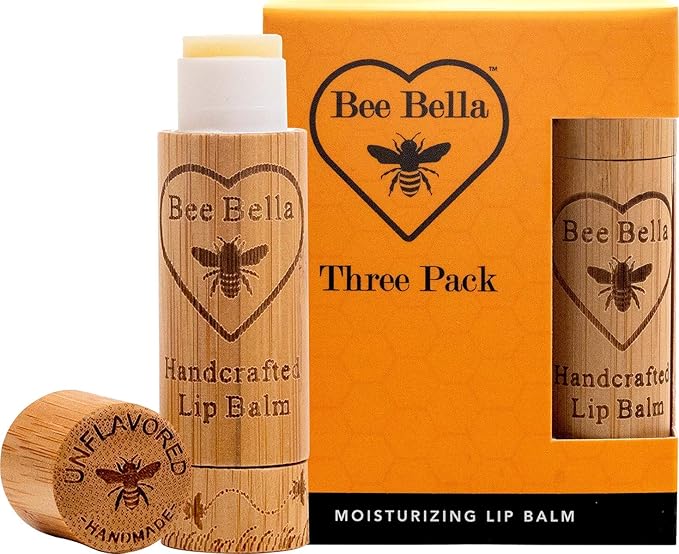 Bee Bella Lip Balm, Unscented (Unflavored), 3 Pack - Hydrating, Moisturizing Lip Care, 100% Natural, Original Organic Beeswax with Vitamin E, Handmade in USA