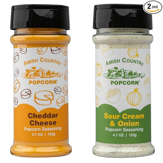 Amish Country Popcorn | Seasoning Variety Pack | Sour Cream and Onion & Cheddar Cheese Popcorn Topping | 2 Pack Flavor Variety Bundle | Old Fashioned, Non-GMO and Gluten Free