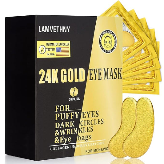 Eye Mask Under Eye Patches (20 Pairs) 24K Golden Under Eye Masks Hyaluronic Acid Eye Patches for Dark Circles and Puffiness, Reduce Wrinkles and Fine Lines Under Eye Area - Gold