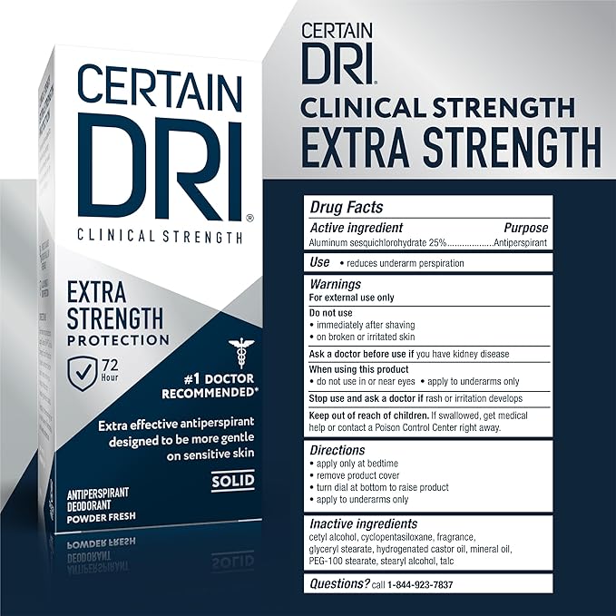 Certain Dri Extra-Strength Clinical Solid Antiperspirant - 72-Hour Sweat & Odor Protection for Hyperhidrosis - Maximum-Strength - Powder Fresh Scent - 1.7 oz