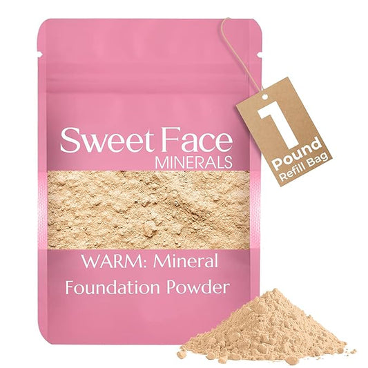 Foundation Powder Refill (Warm) (1 Pound Bag) By Sweet Face Minerals, Lightweight Mineral Loose Makeup Powder with SPF 20, Full Coverage Flawless Finish, Talc-free, Cruelty-Free, Refillable Pouch
