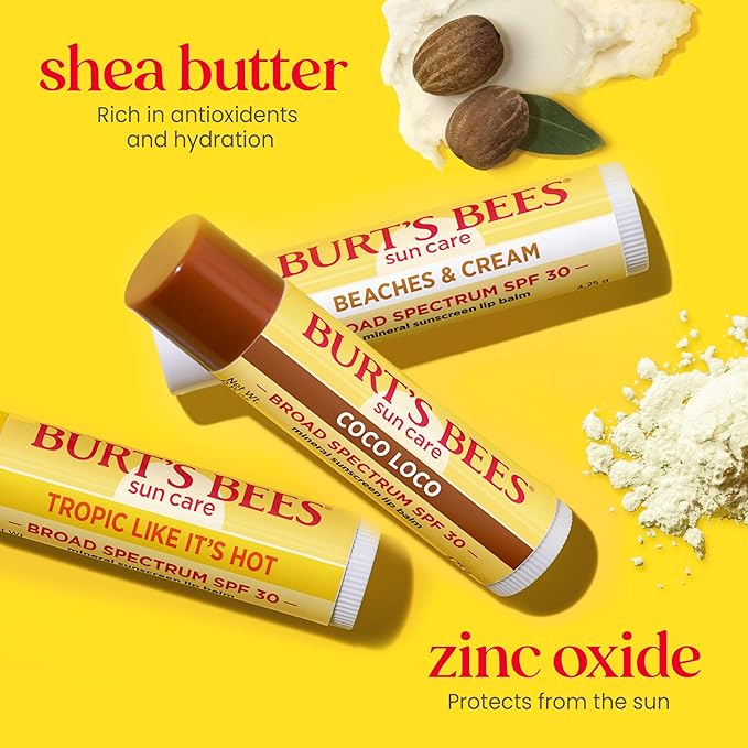 Burt’s Bees SPF 30 Lip Balm Mothers Day Gifts for Mom, Beaches and Cream, Water-Resistant Sun Care, Nano-Free Zinc Oxide Formula, Natural Origin Conditioning Lip Treatment, 3 Tubes, 0.15 oz.