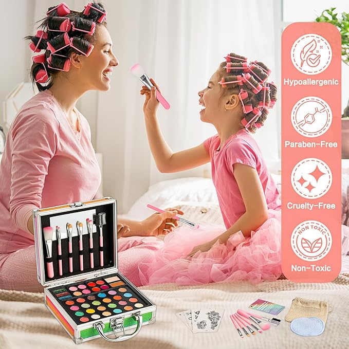 Anpro All-In-One Makeup Carry Case with Pro Teen Makeup Set, Full Starter Cosmetics Kit with Makeup Brushes, Eye Shadows Palette, Blushes, Glitter Gel, Temporary Tattoo Stickers
