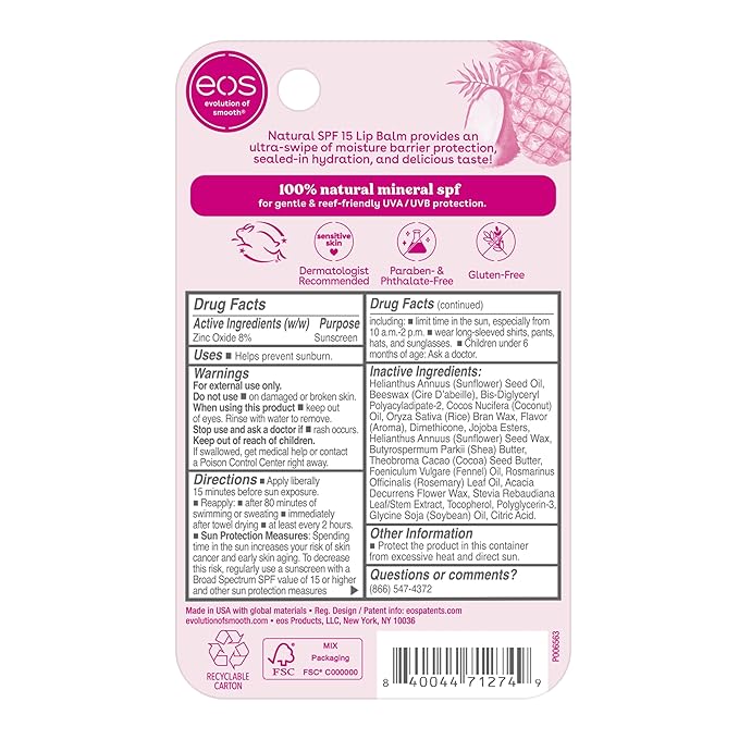 eos Natural SPF 15 Lip Balm- Pineapple Coconut, Daily Protection, Water Resistant, 0.14 oz