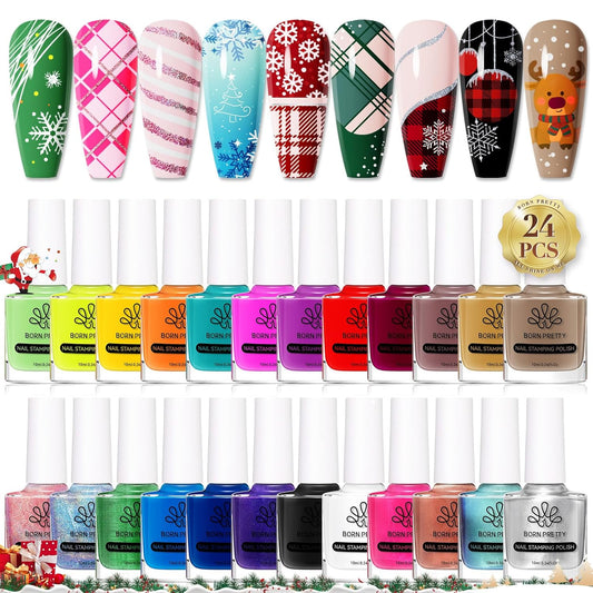 Born Pretty Nail Art Stamping Polish Holographic Chameleon Effect Fingernail Stamp Polish Set Manicure Print Nail Polish for Stamping Plates 24 Colors Bulk Nail Polish Set Gift Collection