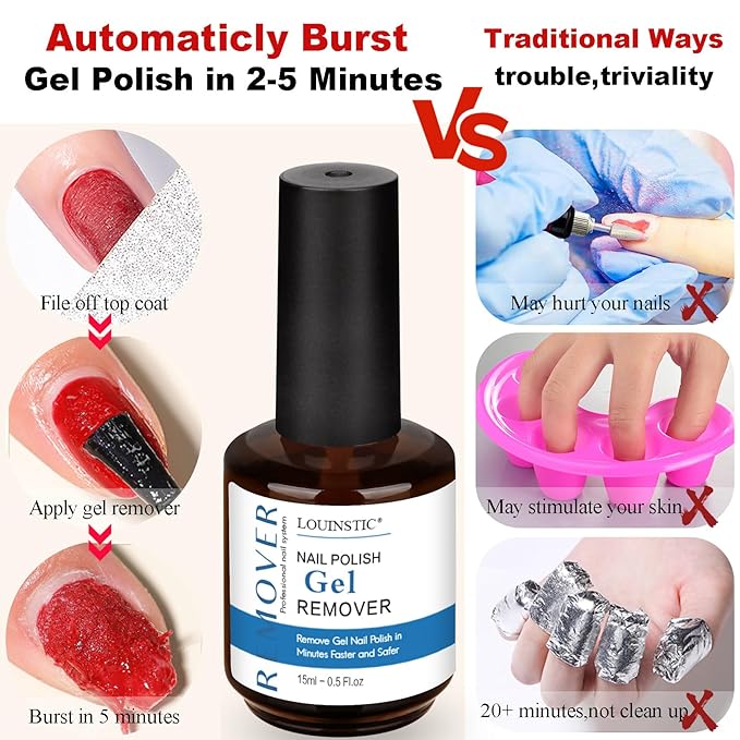 Gel Nail Polish Remover-2pcs with Nail Steel Pusher, Scraper and 2 Pieces Nail File, Quickly Remove Gel Polish in 2-5 Minutes at Home, No Need to Wrap and Soak