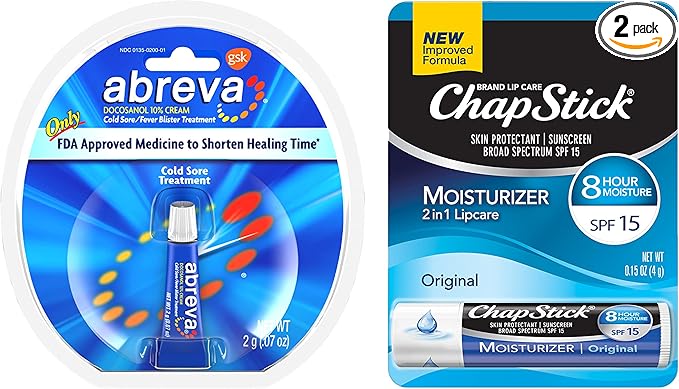 Abreva 10 Percent Docosanol Cold Sore Treatment, Fever Blister and Cold Sore Cream - 0.07 oz plus ChapStick Moisturizer Original Lip Balm - 0.15 oz Value Pack