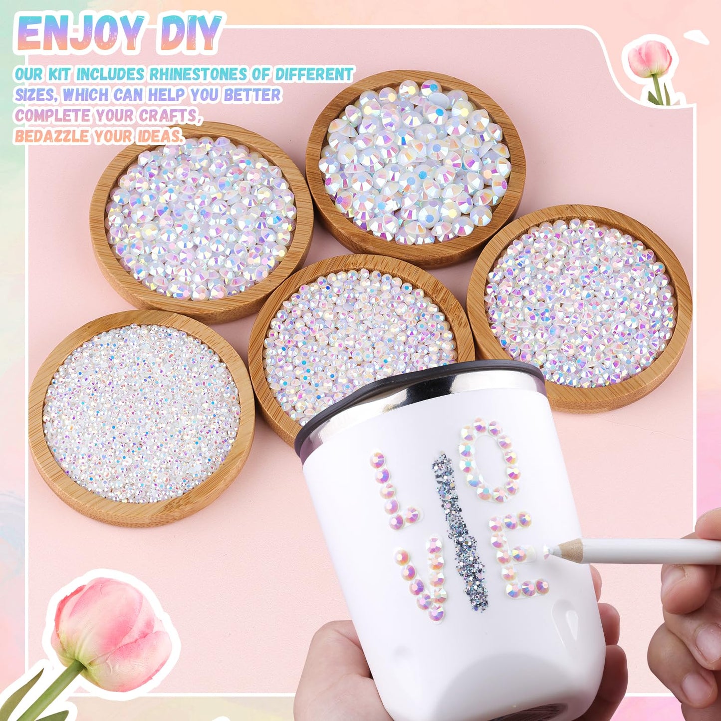 25000Pcs Resin Rhinestones with B7000 Jewelry Glue for Crafting, White AB 2-6mm Non Hotfix Flatback Gems, Bedazzling Crystal for DIY Crafts Clothing Tumblers Mugs Shoes Fabric Decor Nail Art
