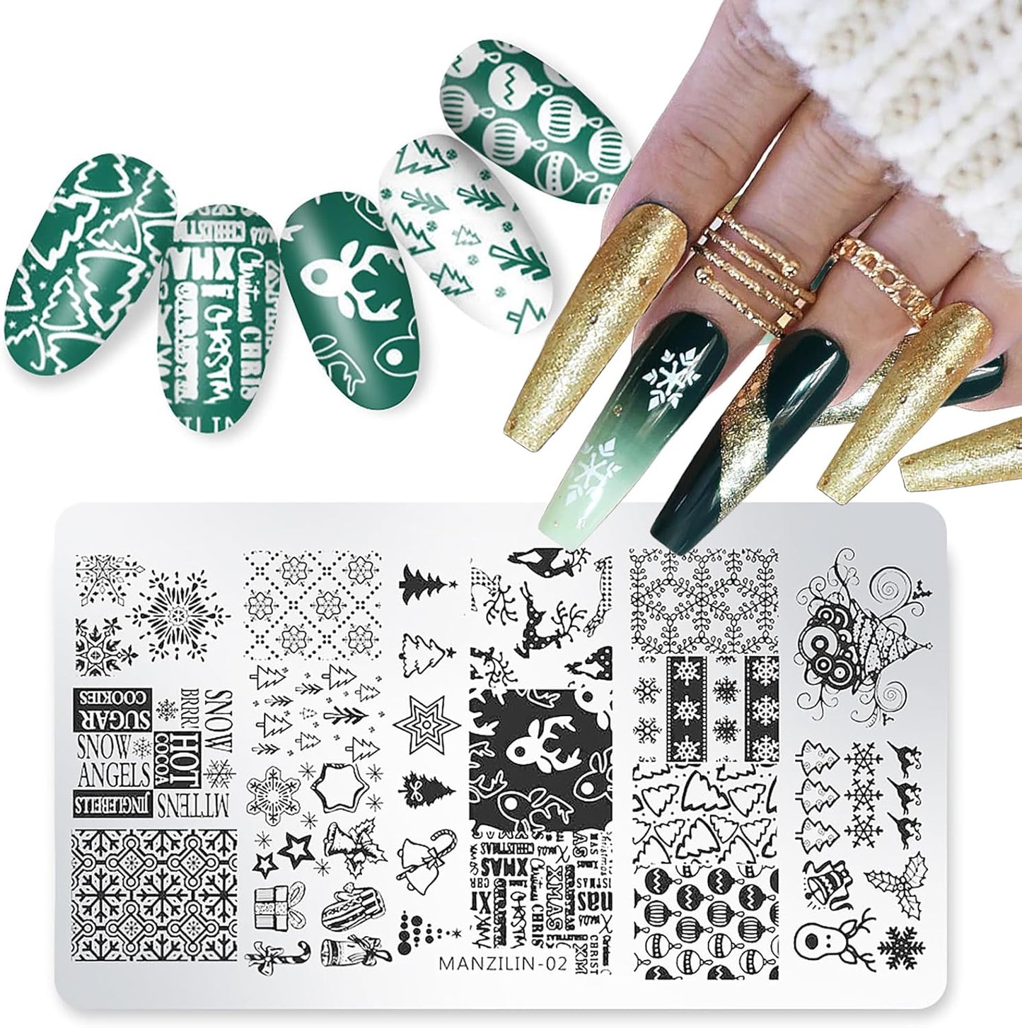 Christmas Nail Stamping Plates - Winter Stamp Kit with Snowflake, Santa Claus, Christmas Tree, Elk & Candy Bells Designs - DIY Stainless Steel Nail Image Polish Template Kit (8Pcs)