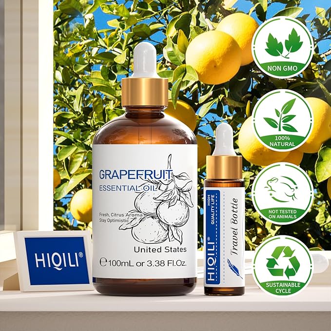 HIQILI 100 ml Grapefruit Essential Oil, for Diffuser, Skin Care, 100% Pure and Natural - 3.38 Fl Oz
