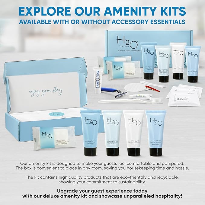 H2O Therapy Amenity Kit | Boxed Hotel Toiletries | Bulk Set 0.85 oz Travel Size Shampoo, Conditioner, Lotion, Body Wash & Body Bar Soap for Guest Hospitality AirBnB/Vacation Rentals | 1 set per case
