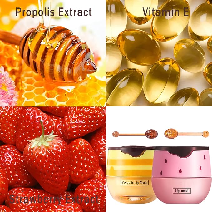 4PCS Bee Lip Balm Lip Mask Honey Pot,Honey & Strawberry Lip Mask Propolis Moisturizing Lip Balm with Stick - Hydrating Prevention Dry & Cracked Lip Scrubs Exfoliato Lip Wrinkle Care(Honey&Strawberry)
