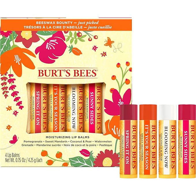 Burt's Bees Gifts, 4 Lip Balm Products, Just Picked Set - Pomegranate, Sweet Mandarin, Coconut Pear & Watermelon (4 Pack)