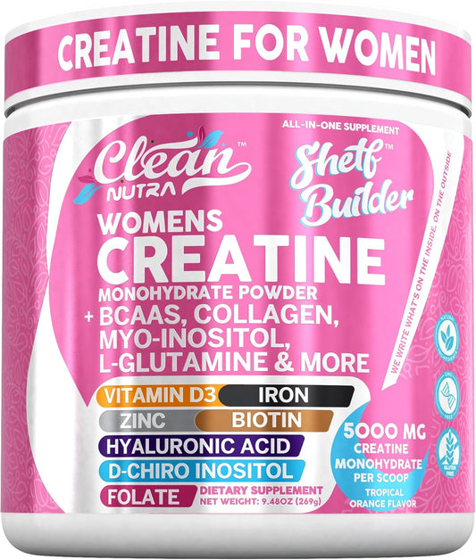 Creatine for Women | Creatine Monohydrate + BCAA Powder Myo-Inositol Collagen Biotin Hyaluronic Acid Folate L Glutamine Vitamin D3 Iron Zinc D-Chiro-Maca Digestion Shelf Builder by Clean Nutra