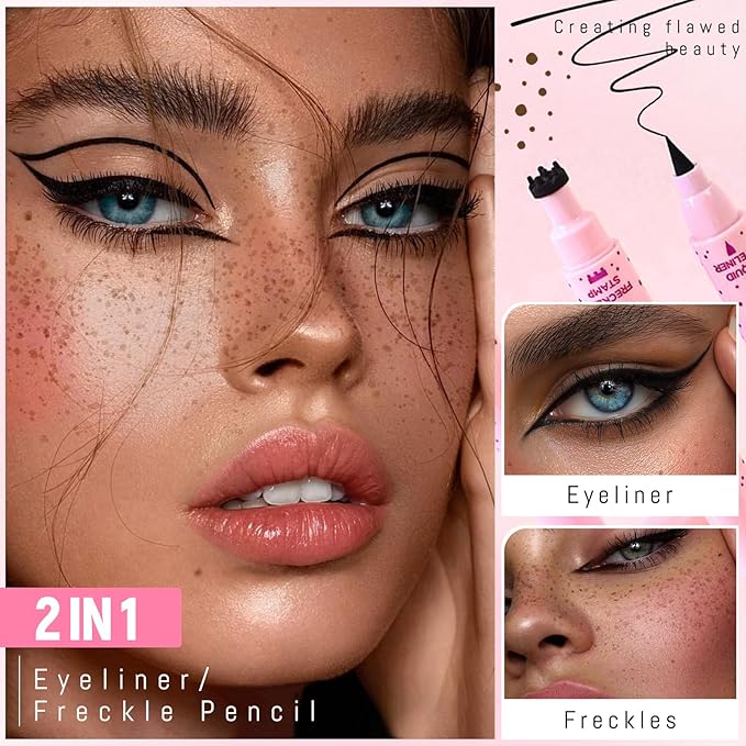 Freckle Stamp with Eyeliner Pen 2 in 1 for Natural Lifelike Faux Freckle Waterproof Fake Freckles Stain Marker for Sunkissed Makeup #Espresso&Black
