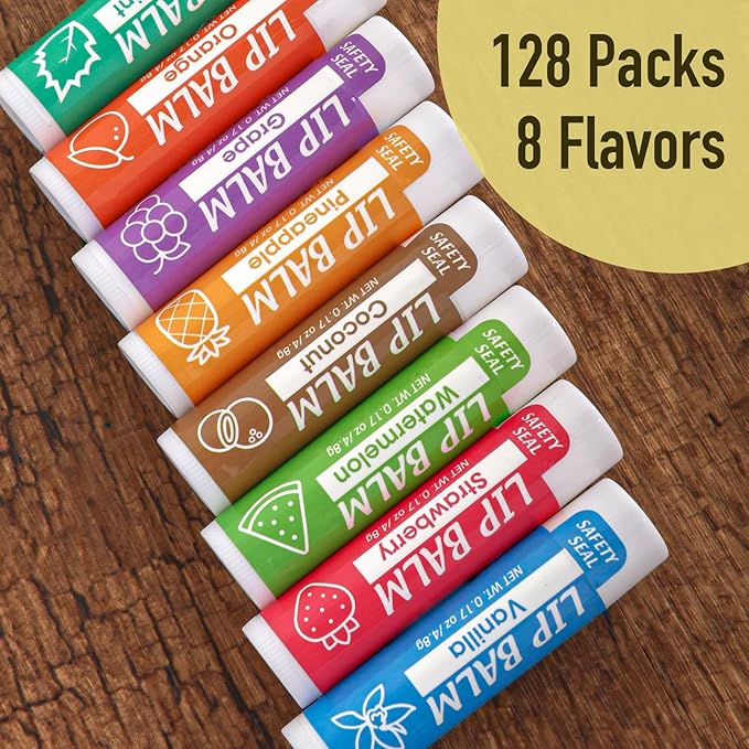 128 Pack Lip Balm, Natural Lip Balm Bulk with Vitamin E and Coconut Oil, Moisturizing Lip Balm for Dry Cracked Lips, Lip Balm for Stocking Stuffers - 8 Flavors