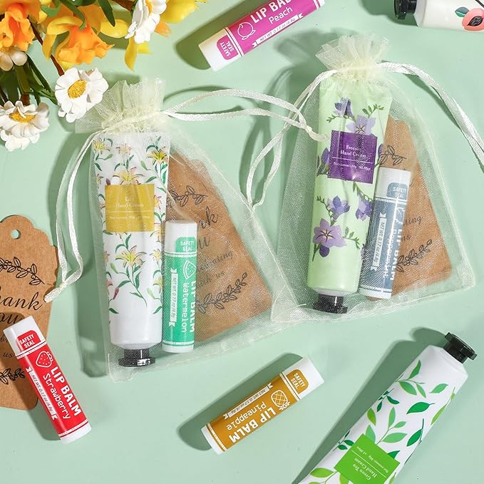 AZEN 50 Sets Hand Cream Bulk and Lip Balm Bulk Set, Bridal Shower Gifts for Guests, Thank You Gifts for Coworkers Women Men with Organza Bag Thank You Card, Bridal Wedding Favors for Guests