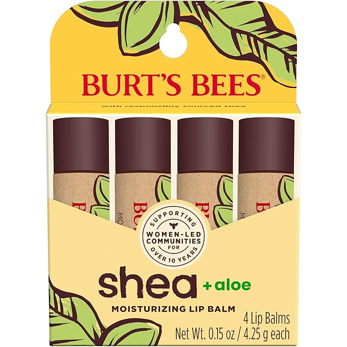 Burt's Bees Lip Balm Mothers Day Gifts for Mom - Shea and Aloe Lip Moisturizer With Responsibly Sourced Beeswax, Tint-Free, Natural Origin Conditioning Lip Treatment, 4 Tubes, 0.15 oz.