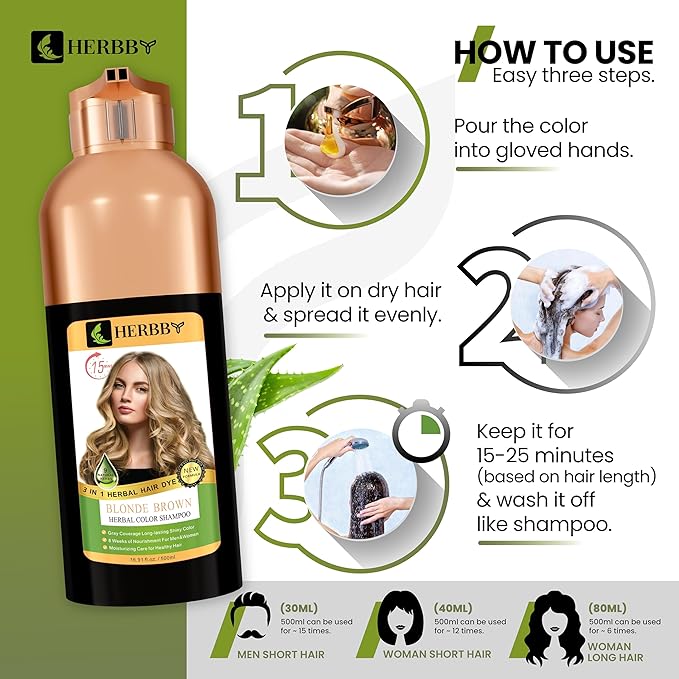 Hair Color Shampoo for Gray Hair Coverage&Color Transform with 9 Herbal Extracts –Long Lasting(6-8 Weeks),Shiny,Evenly Colored,Instant Hair Dye Shampoo&Conditioner, 500 Ml (BLONDE BROWN COLOR)