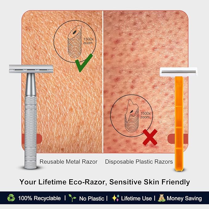 Double Edge Safety Razor with Stand, Single Blade Razors for Men and Women, Reusable Metal De Razor, Men's Safety Shaving Razors with 10 Double Edge Blades, Smooth and Close Shave, Matte Silver