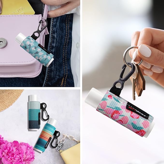 5pcs Lip Balm Holder Keychain Lipstick Sleeves Chapstick Lip Gloss Holder Keychain Elastic Sleeves for Men Women(Wave/Flower/Leo)