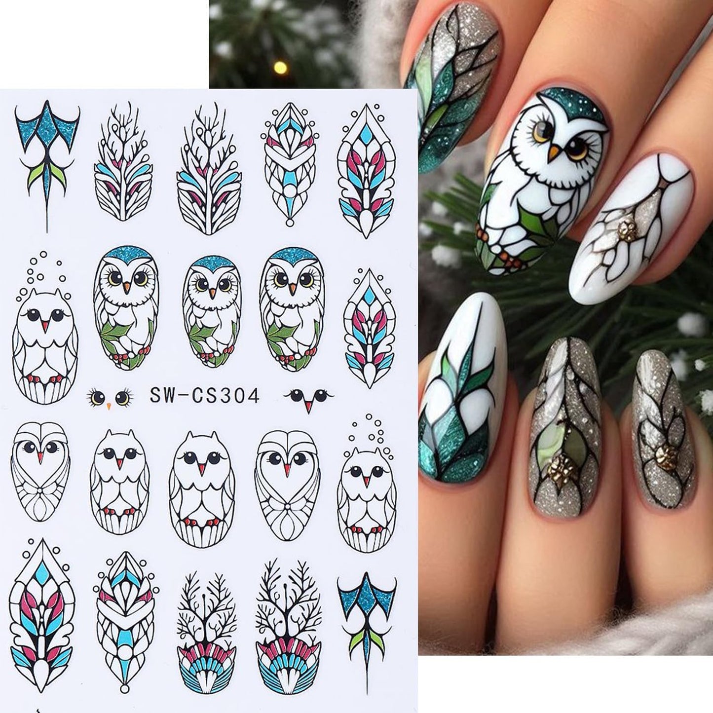 4pcs Christmas Nails Stickers Silver Glitter Leaves Line Owl Nail Art Design 3D Self-Adhesive Nail Decals Xmas Nail Sticker DIY Autumn Winter Manicure Art Supplies Decoration Accessories