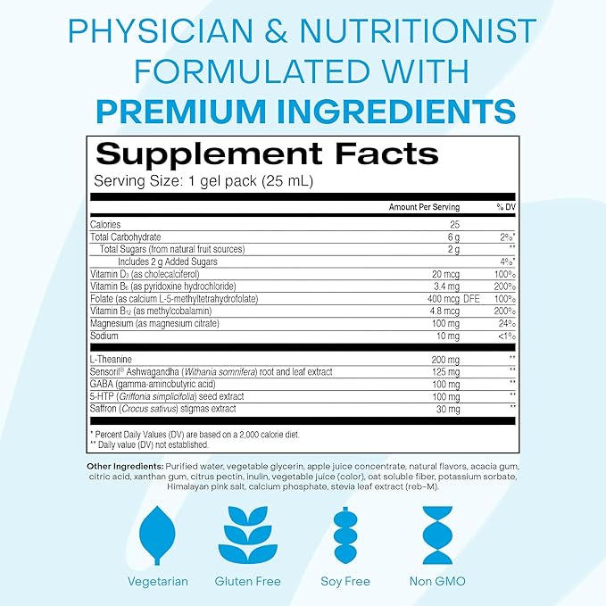 Healthycell Calm Mood Daily Liquid Supplement - Cortisol Manager & Mood Support Supplement for Stress with Ashwagandha, L-Theanine, Magnesium, 5-HTP, GABA & Saffron - 30 Gel Packs