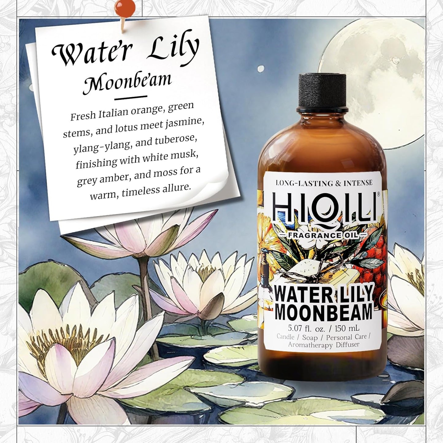 HIQILI Water Lily Moonbeam Fragrance Oil for Diffuser, Candles, Soap & Perfume Making, Floral Scent, Long-Lasting Aroma - 5.07 Fl Oz
