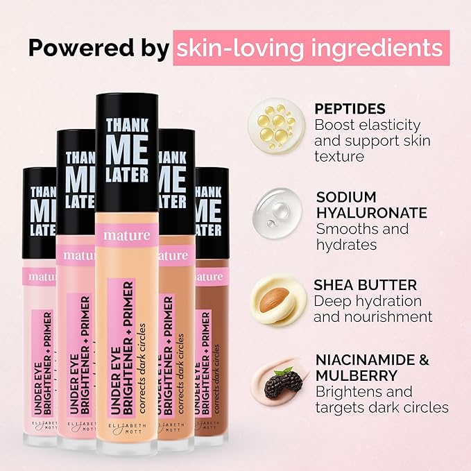 Elizabeth Mott Thank Me Later Under Eye Brightener & Primer – Hydrating Color Corrector for Dark Circles – Lightweight Concealer Base for Mature Skin, Light Shade 5ml