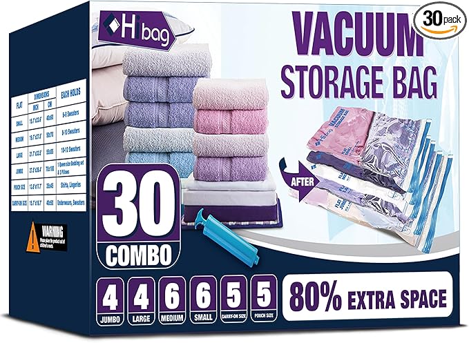 HIBAG Vacuum Storage Bags, 30-Pack Space Saver Vacuum Storage Bags, Vacuum Seal Bags for Clothing, Clothes, Comforters and Blankets (30C)