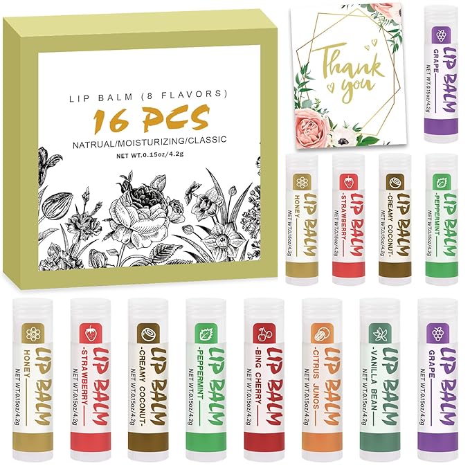 16 Pack Lip Balm, Natural Lip Balm Bulk with Vitamin E and Coconut Oil, Moisturizing Lip Balm for Dry Cracked Lips, Lip Balm for Stocking Stuffers - 8 Flavors