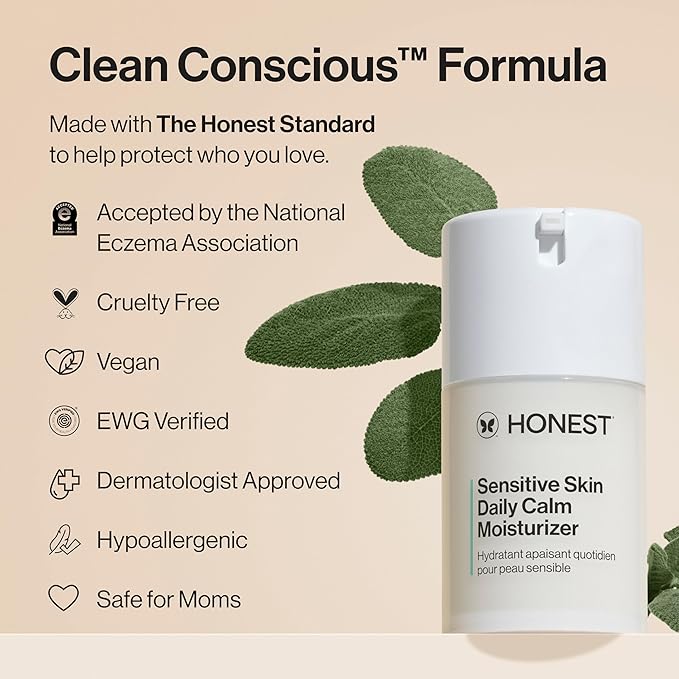 Honest Beauty Sensitive Skin Daily Calm Lightweight Moisturizer | Reduces Redness, Hydrates, + Calms Skin | Hypoallergenic, Fragrance Free, Vegan | 1.7 fl oz