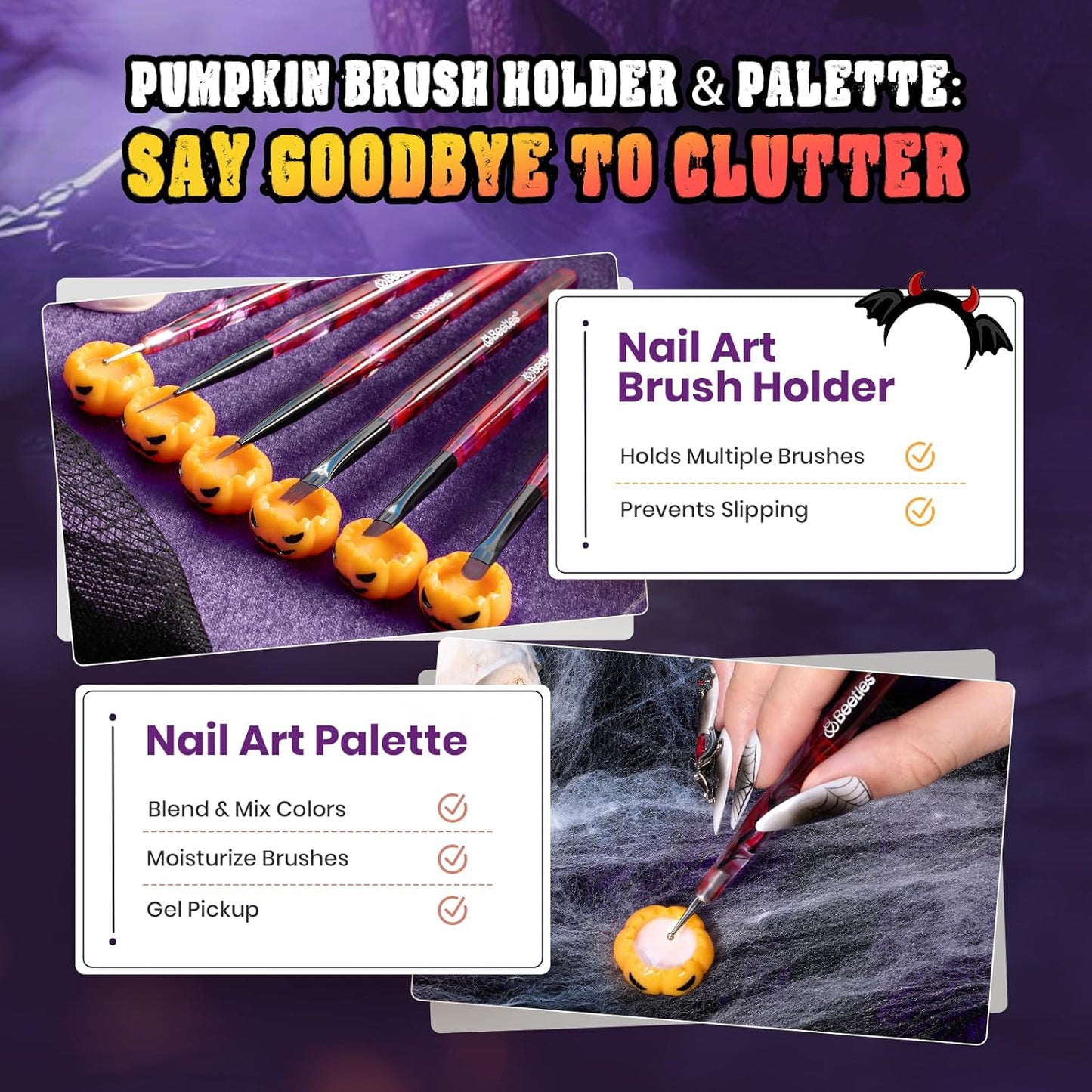Beetles Halloween Nail Art Brushes, Blood Entwined Nail Art Pens 6pcs with Pumpkin Palette Holder Halloween Charms Manicure Design Dotting Tools Draw Liner Gradient French Brushes DIY Nails Supplies