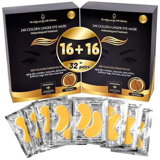 24K Gold Under Eye Patches,Eye mask under eye patches, Eye patches for puffy eyes and dark circles,Eye patches,Under eye patches for puffy eyes dark circles,Under eye treatment, Eye Care,32 pairs