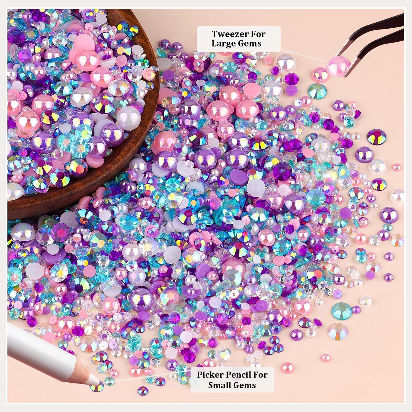 9000PCS Flatback Pearls and Rhinestones for Crafting, Pink Purple Mixed Size 3-10mm Resin Rhinestones and Half Pearls for Bedazzling, Nail Art and Decoration with Tweezer and Pickup Pencil