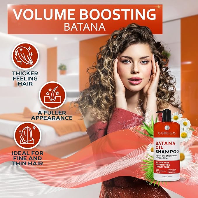 Batana Oil Shampoo - Volumizing Salon Formula for Thinning and Fine Hair Women and Men - Sulfate and Paraben Free - Thickening Volume Boost for Thicker, Fuller Hair - With Argan Oil - 16 Fl Oz
